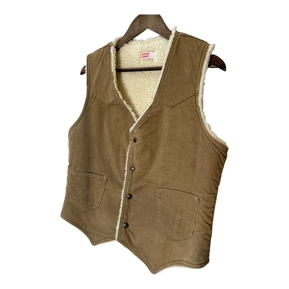 Levi's Mens Sherpa‎ Lined Corduroy Vest M Brown Snap Front Western Retro Classic